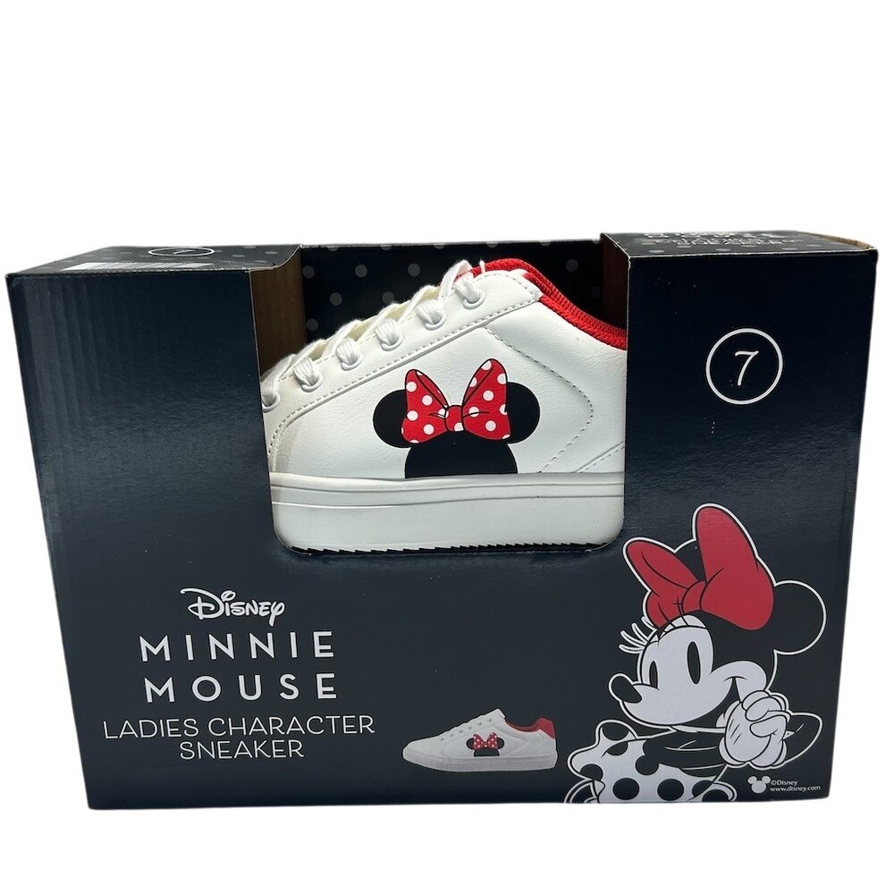 Disney Minnie Mouse Sneakers Womens Size 7 White Red Lace Up Low Top NIB